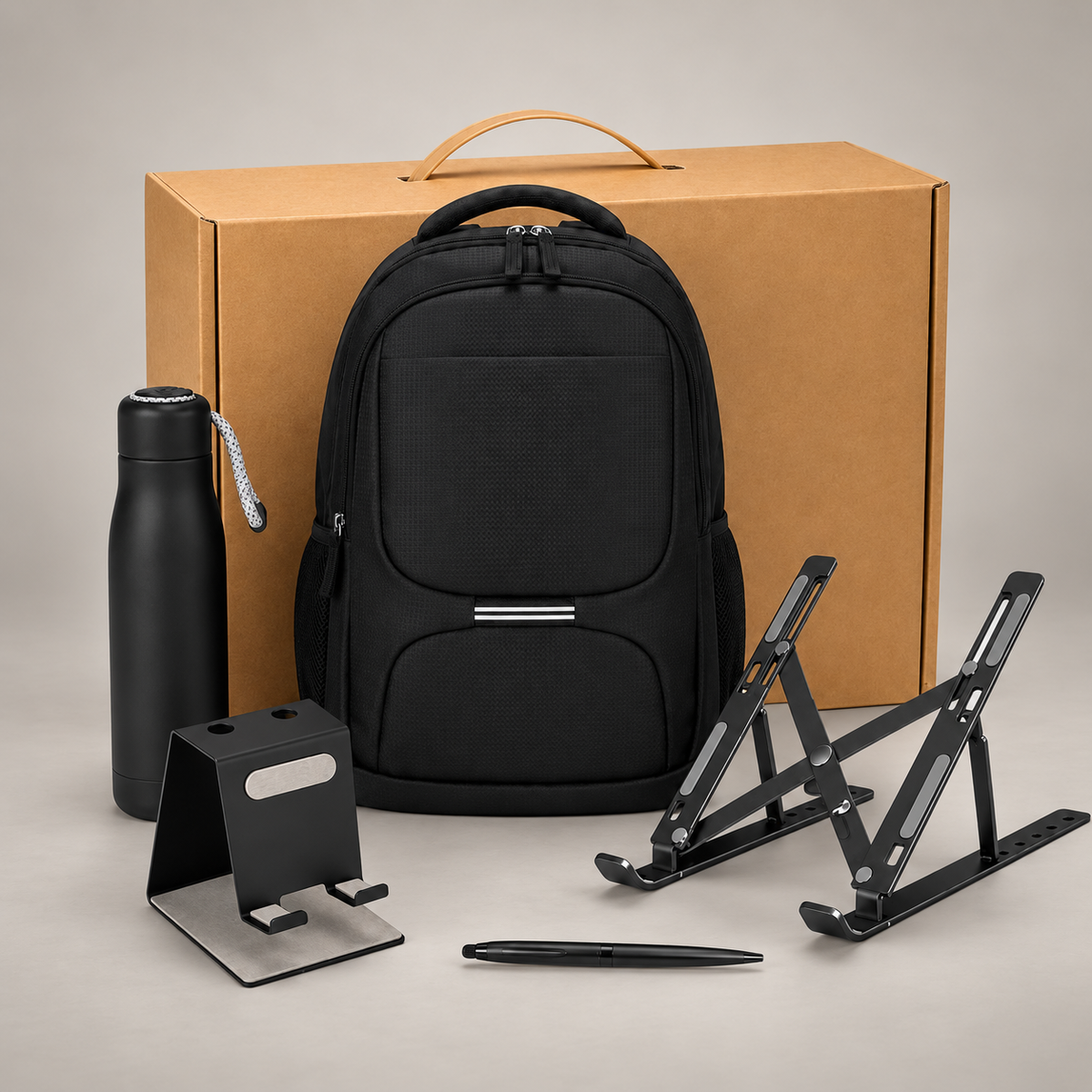 Corporate gift set 404: Backpack, 500 ml Vacuum Bottle, Metal Ball Pen, Mobile Stand & Laptop Stand