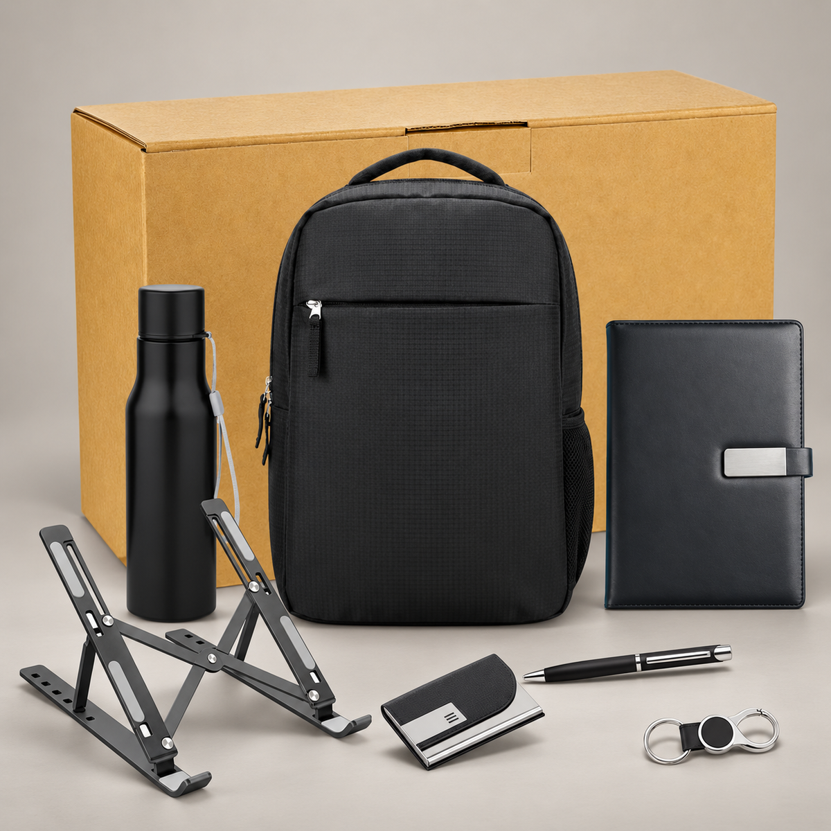 Corporate gift set 407: Backpack, A5 Notebook, Metal Ball Pen, 750 ml Steel Bottle, Laptop Stand, Cardholder & Keychain