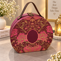 Wine maroon and fuchsia round Kappa Board dry fruit gift box with brown carry handle