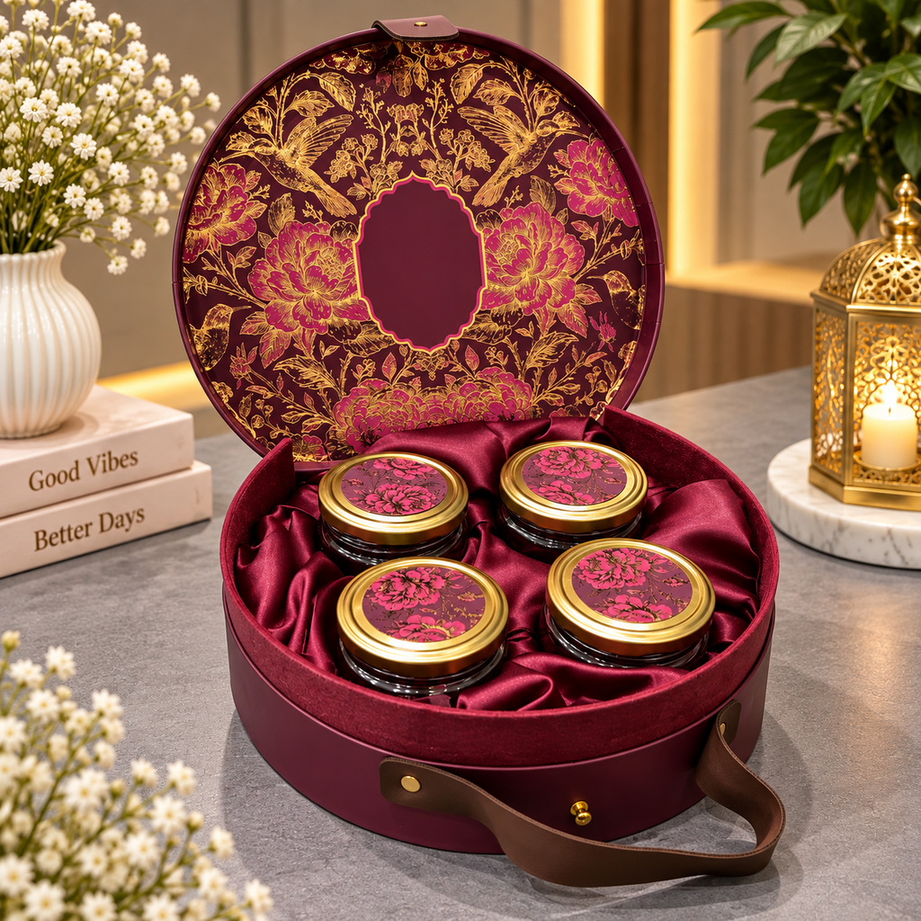 Open wine maroon and fuchsia round Kappa Board dry fruit gift box with 4 glass jars and satin interior